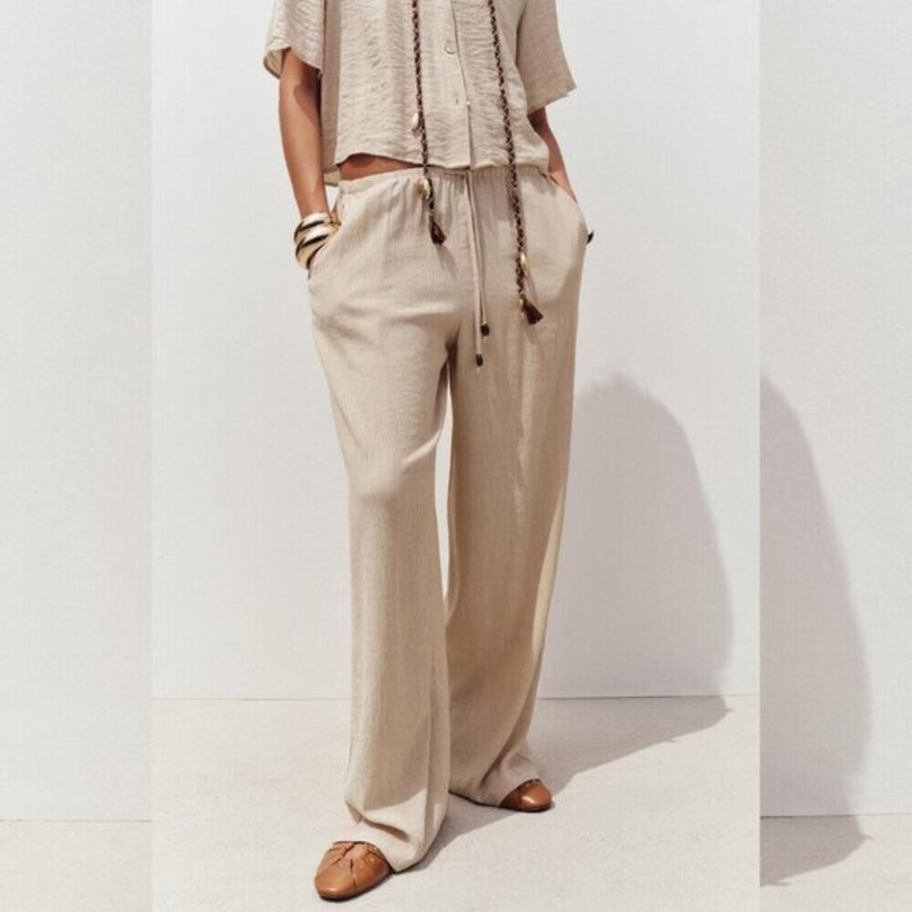ZARA ELASTIC WAIST WIDE LEG PANTS SAND BEIGE COLOR XXL